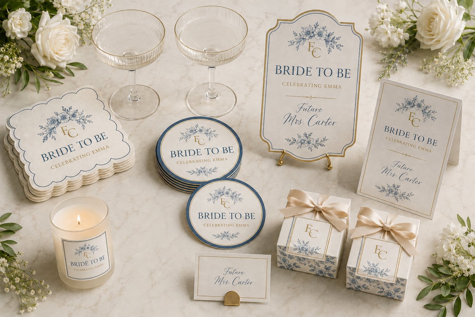 Coordinated bridal shower collection with custom signs, coasters, napkins, cards, candles, glasses, and party favors