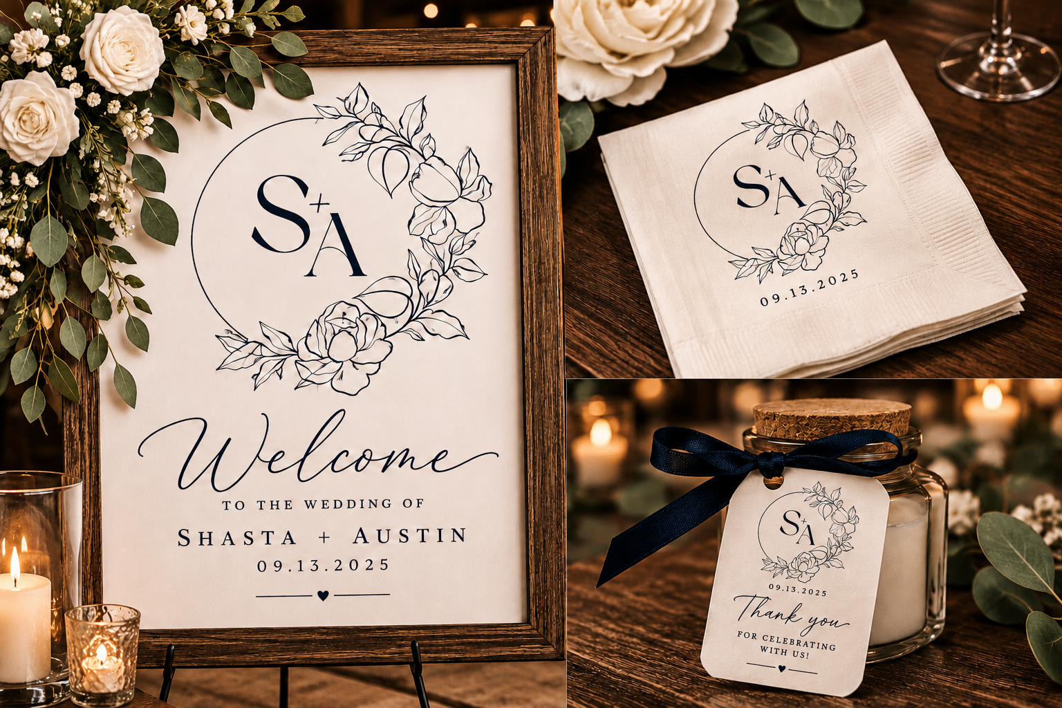 Shasta and Austin wedding package featuring a welcome sign, monogrammed napkins, and a custom favor