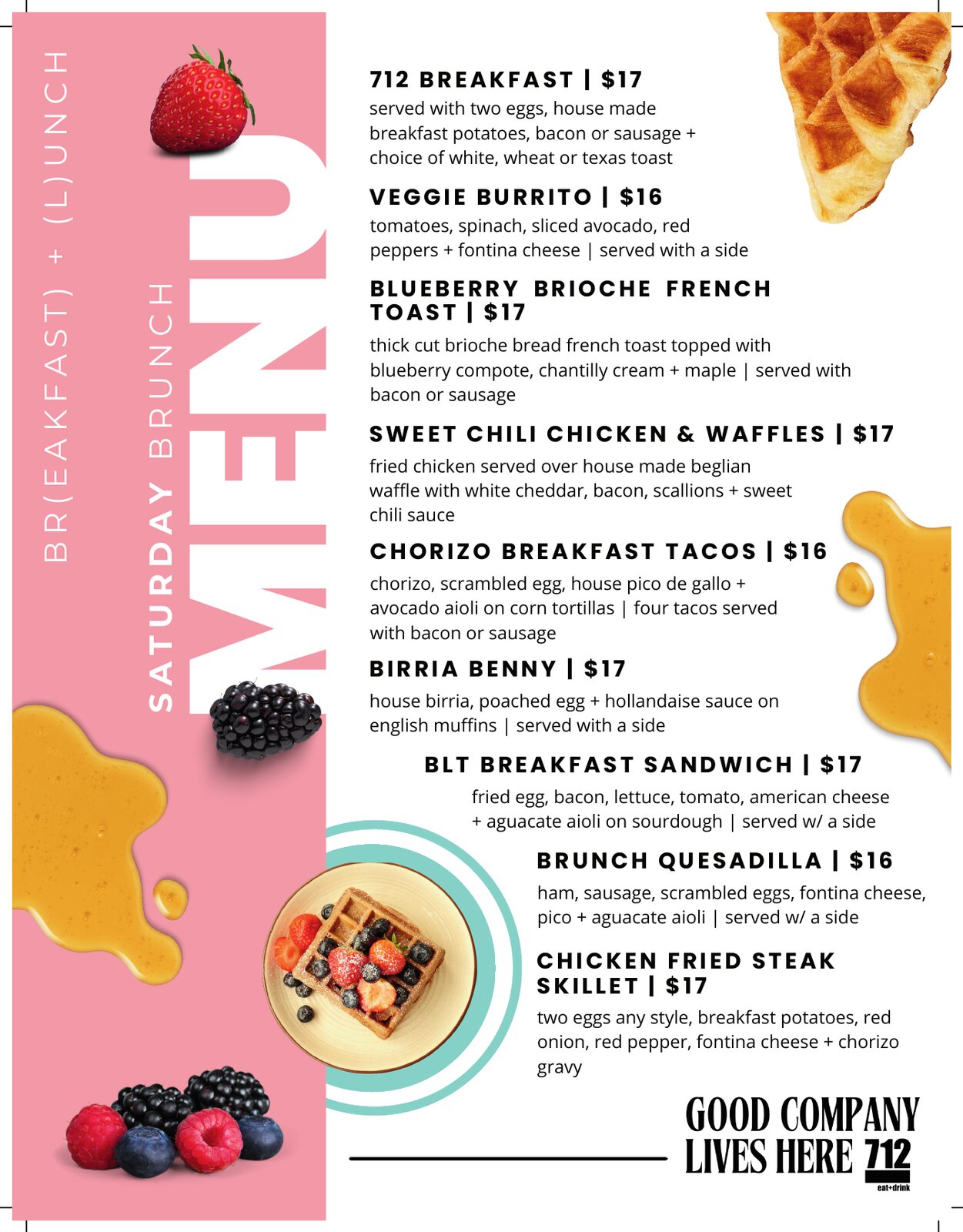 Colorful 712 Eat and Drink weekend brunch menu