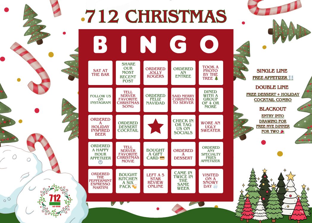 Holiday themed 712 Christmas bingo card