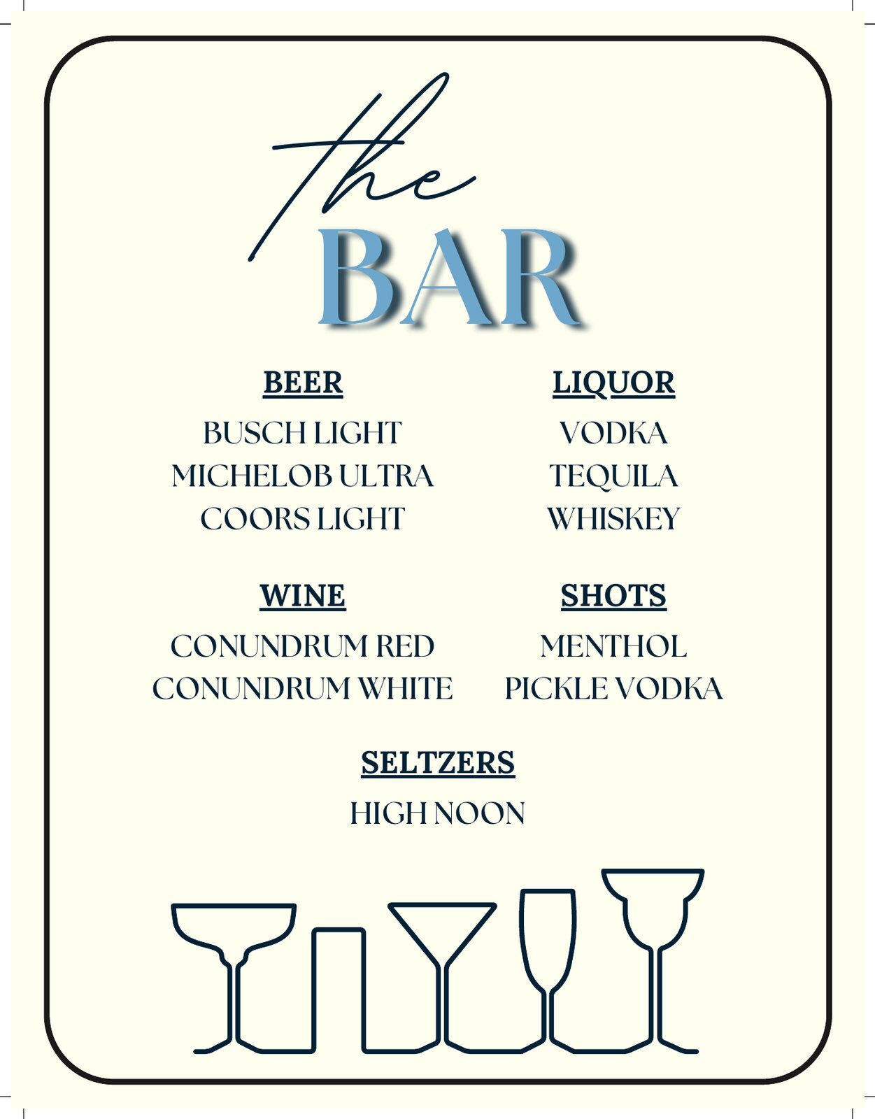 Coordinated wedding bar menu with illustrated glassware