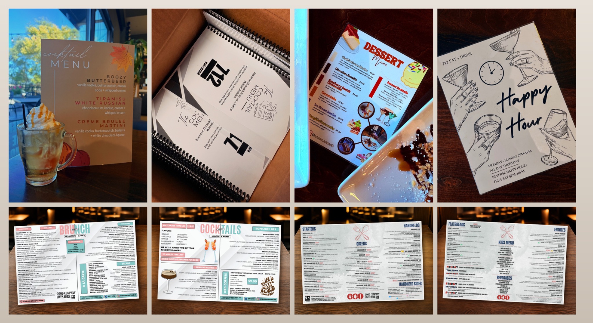 Collection of restaurant menus designed for 712 Eat and Drink and other restaurant concepts