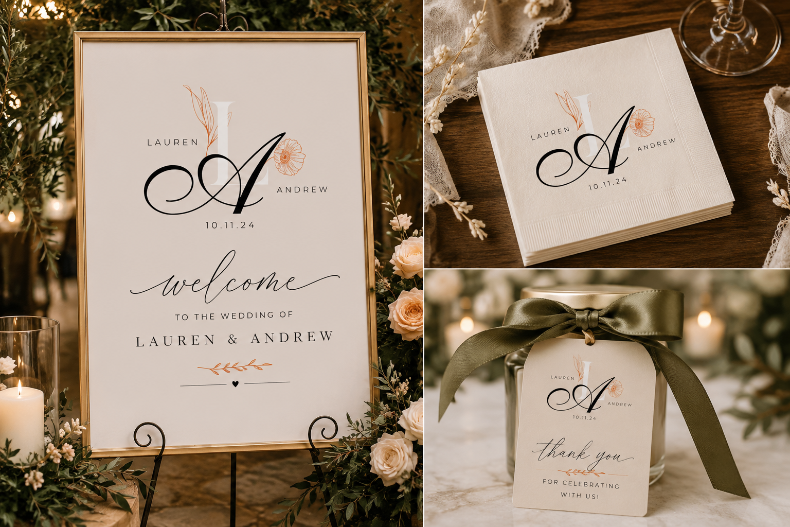 Lauren and Andrew wedding package featuring a welcome sign, monogrammed napkins, and a custom favor